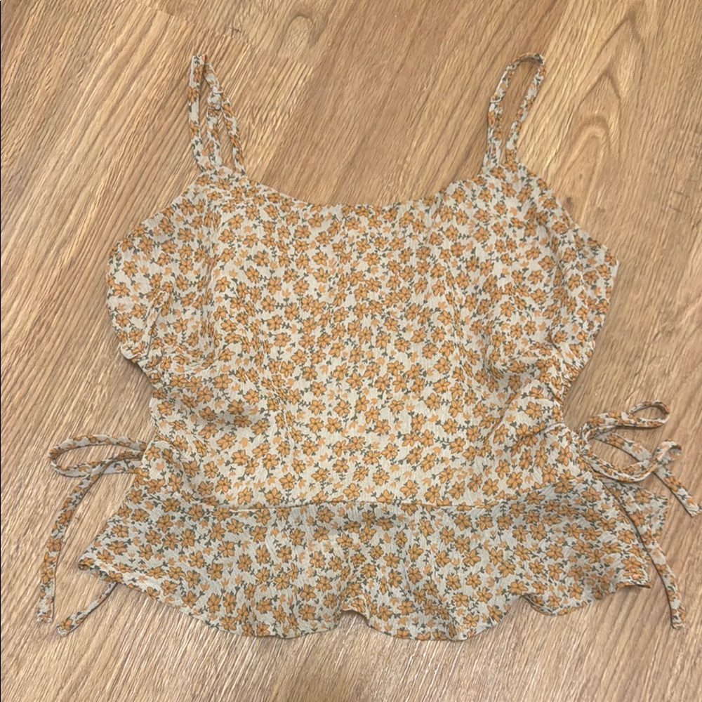 Illa Illa Small Tan & Orange Ditsy Floral Print Chiffon Tank Top Cutouts Strappy